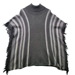 Eddie Bauer Womens Gray Knit Poncho XL/2XL Cotton Blend Striped Fringe Details